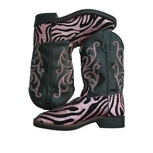 Old West Roper Girls 3 Y Pink Glitter Zebra Print Square Toe Cowboy Boots
